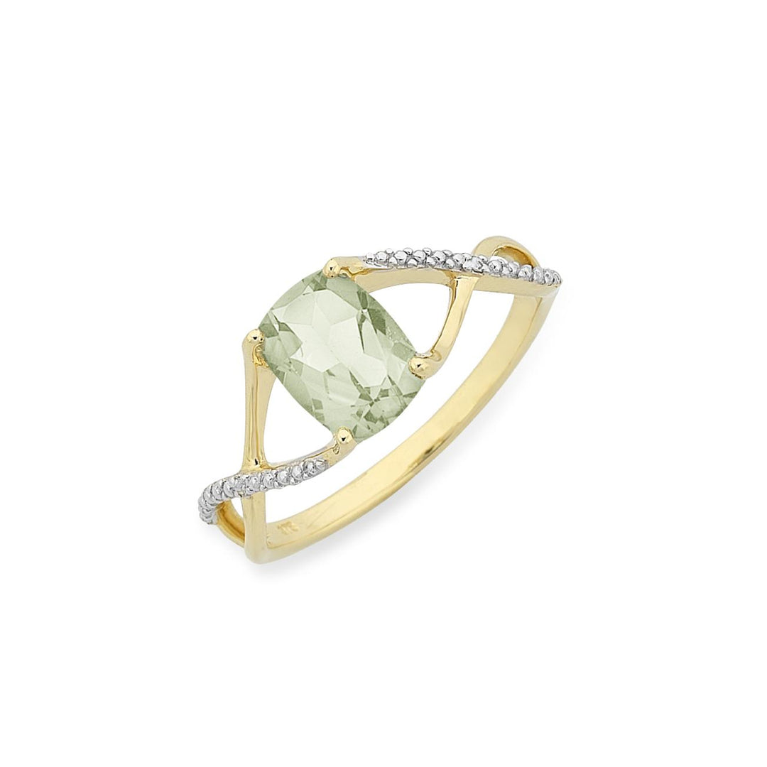 9Ct Yellow Gold Green Amethyst And Diamond