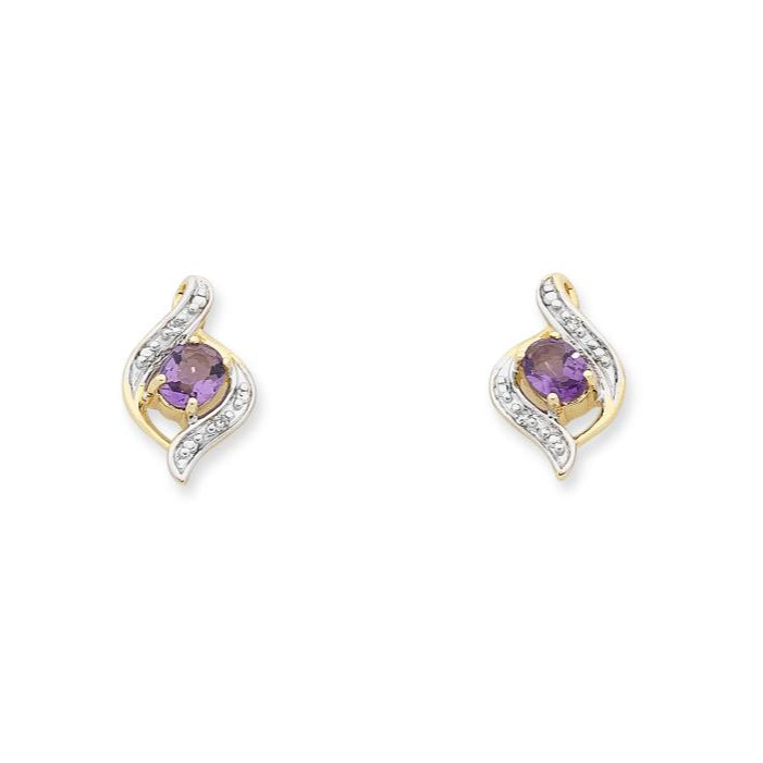 9Ct Yellow Gold Amethyst And Diamond Studs
