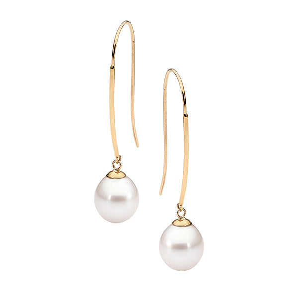 9ct Yellow Gold White Fresh Water Pearl Drop Earrings