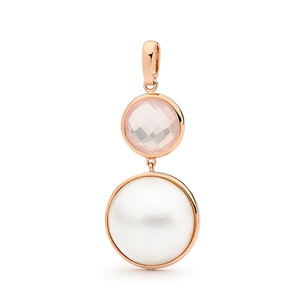 9ct Rose Gold 15mm Round Mabe Pearl and Rose Quartz Pendant