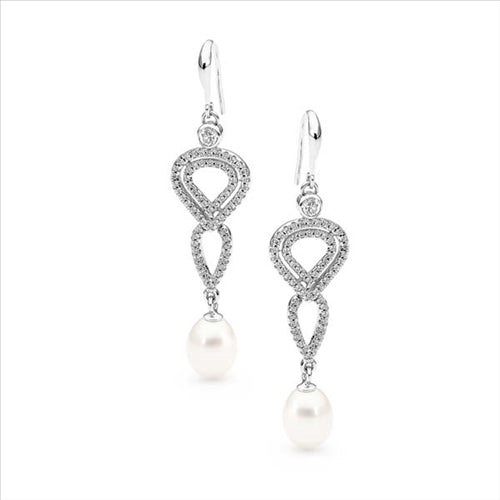 Sterling Silver White Drop 7.8-8mm Freshwater Pearl and Cubic Zirconia