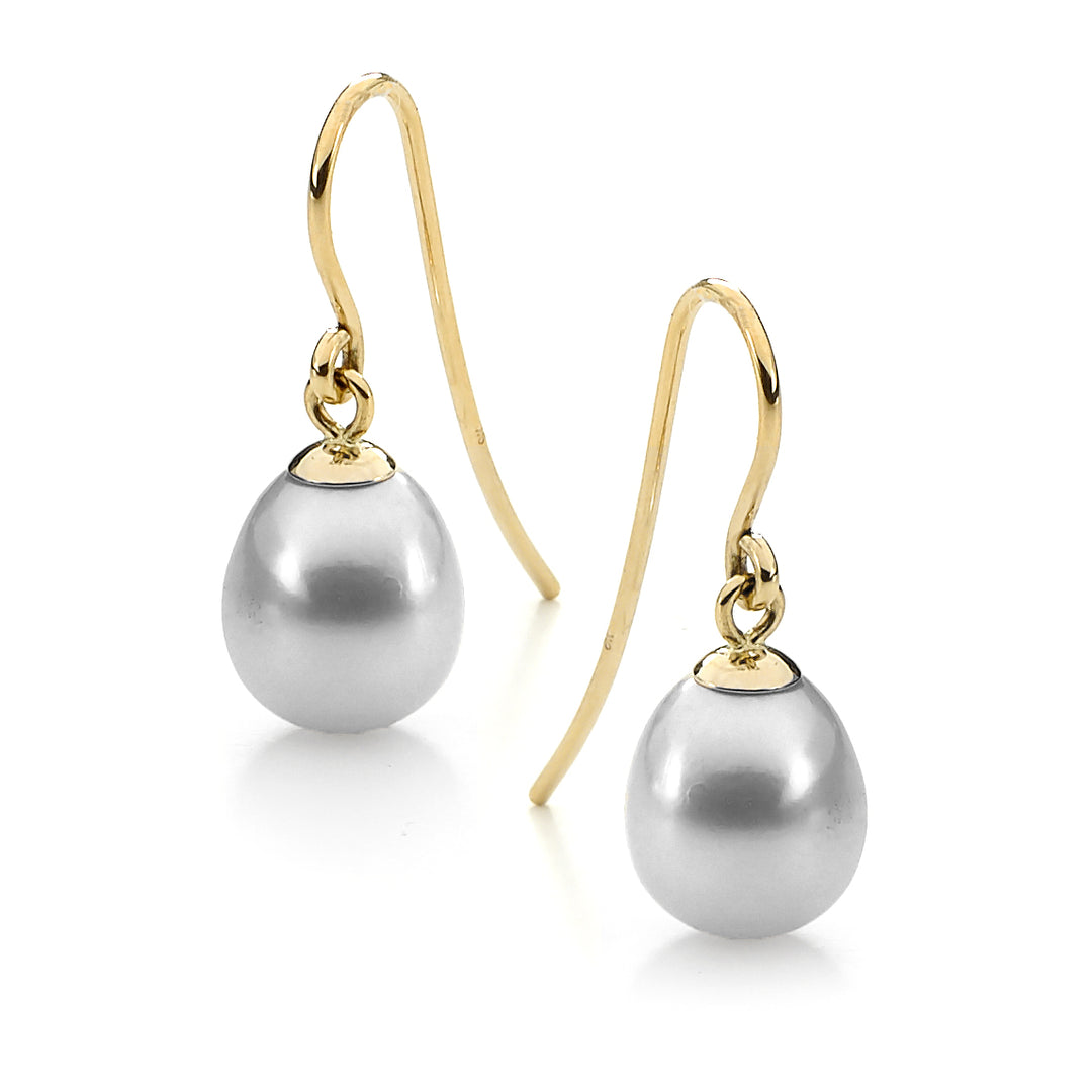 9ct Yellow gold dyed grey 9mm Freshwater pearl Earrings on shephard hooks