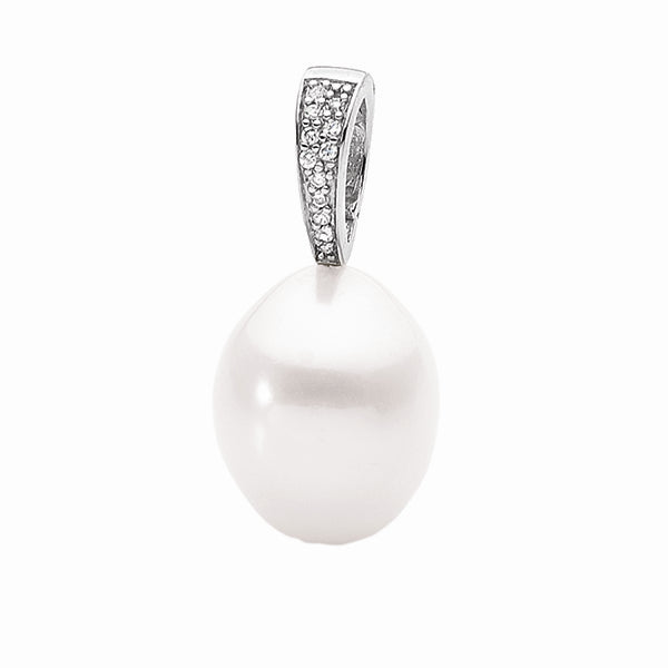 Sterling silver white drop 12-13mm Freshwater pearl and cubic zirconia Enahncer