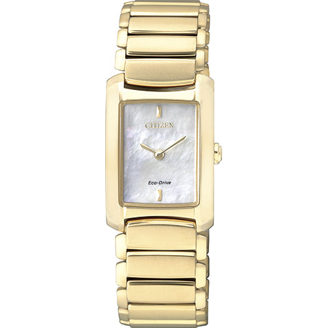 Citizen Ladies Watch, Eco Drive. Stainless Steel Gold Plate, Mother of Pearl dial.