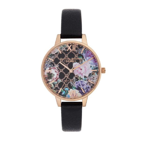 Olivia Burton, Glass House Collection Rose Gold Case Black Strap