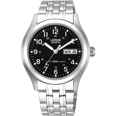 Lorus Sports, Gents, Stainless Steel, Black dial, 100m, Day Date
