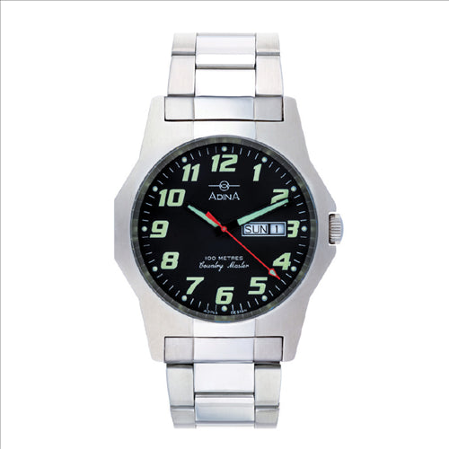 Adina Gents Stainless Steel Country Master, 100m, Black Dial, Day and Date Full Figure