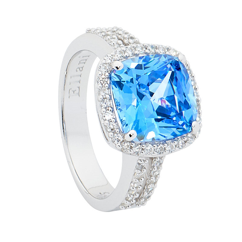 Ring - Sterling silver fancy Cushion cut Blue gem, with Cubic Zirconias on split band