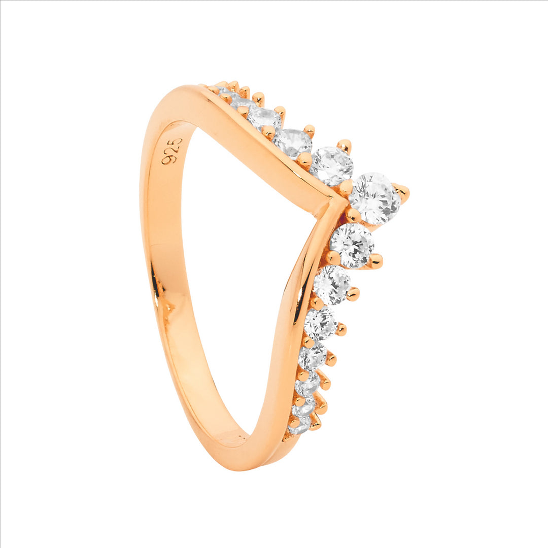 Sterling Silver Rose Gold PlatedV ring, Gradual CZ