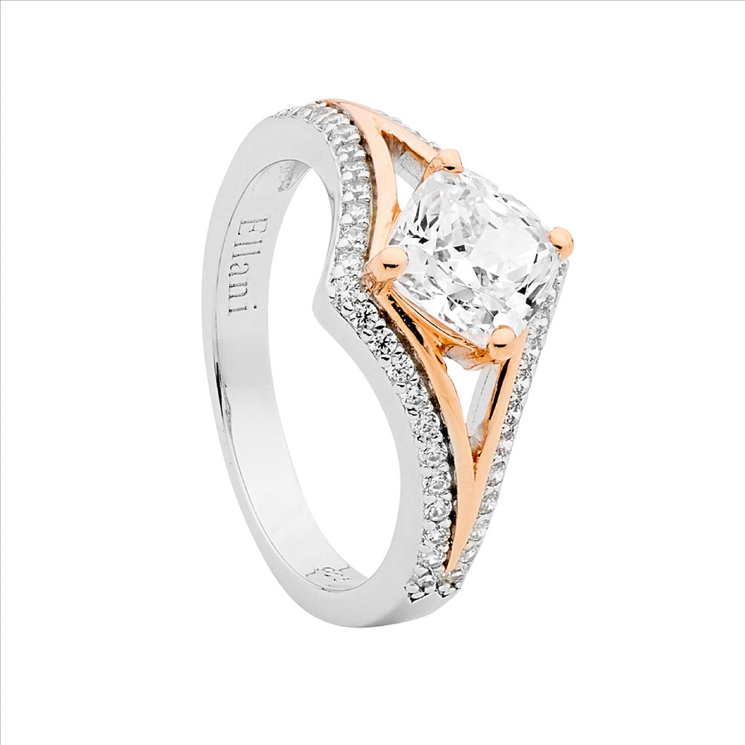 SS WH CZ open V w/ cushion cut & rose gold plating ring
