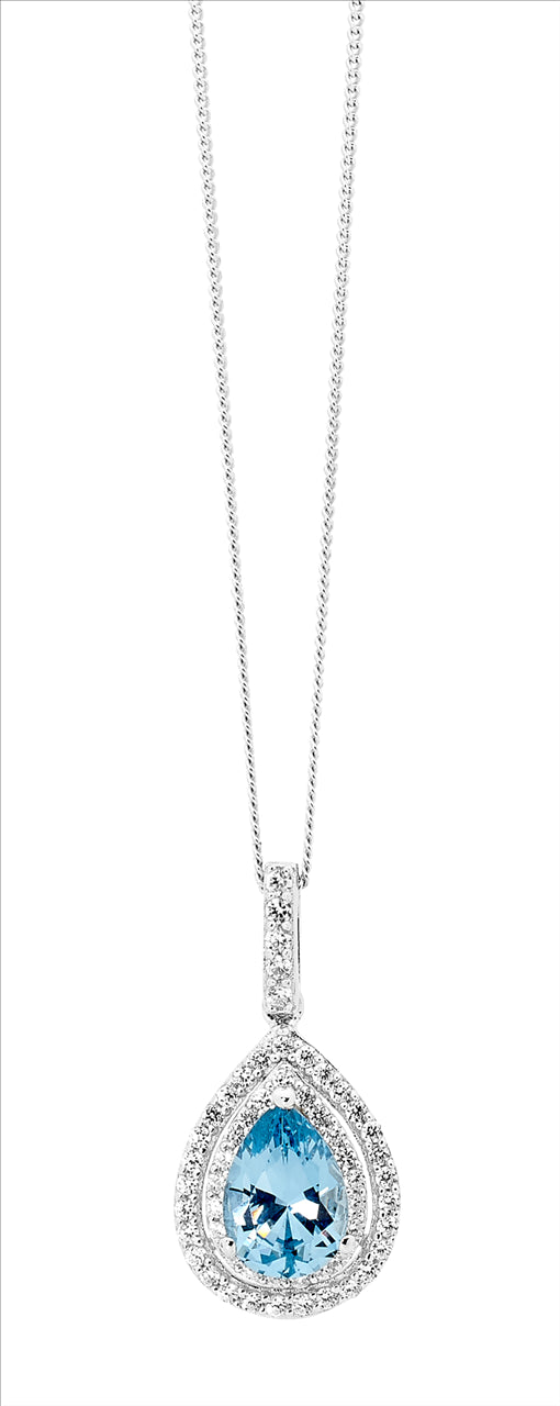 Sterling Silver Blue CZ Pear Drop with Cubic Zirconia Double Halo