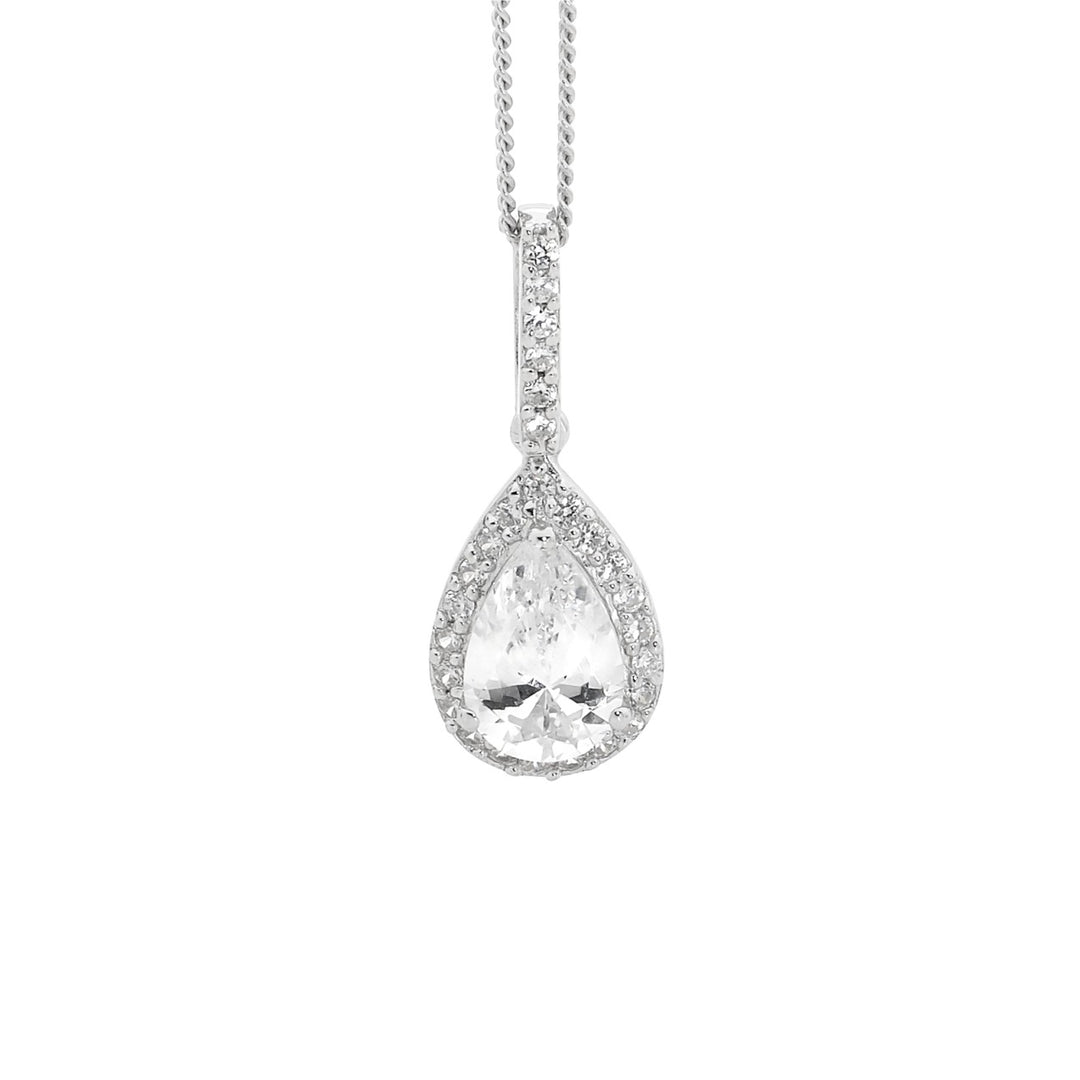 Sterling Silver CZ Pear Drop Pendant, CZ Surround