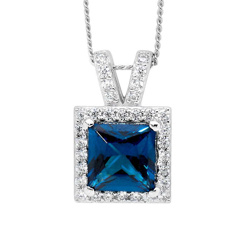 Sterling Silver 7mm Blue CZ surrounded with White CZ