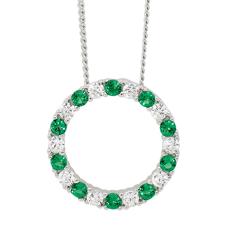 Sterling Silver 16mm open circle pendant with Green and White CZ.