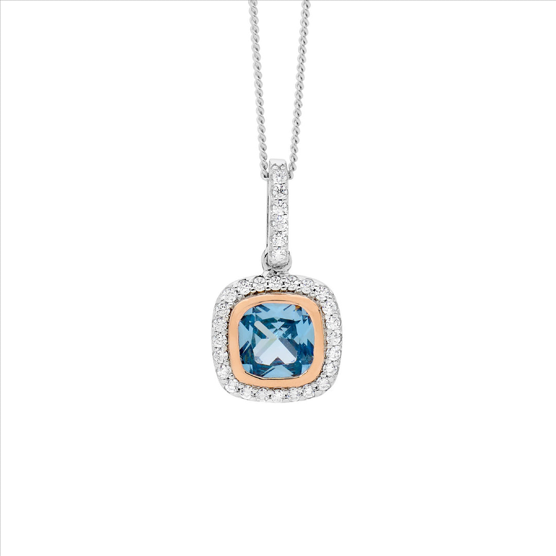 Sterling Silver blue spinel cushion cut, rose gold plating bezel, cz halo drop pendant