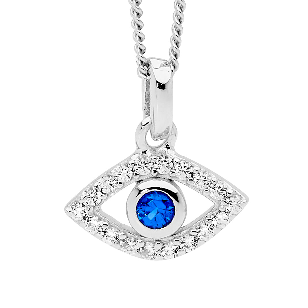 Sterling Silver Evil Eye Pendant with White and Blue CZ