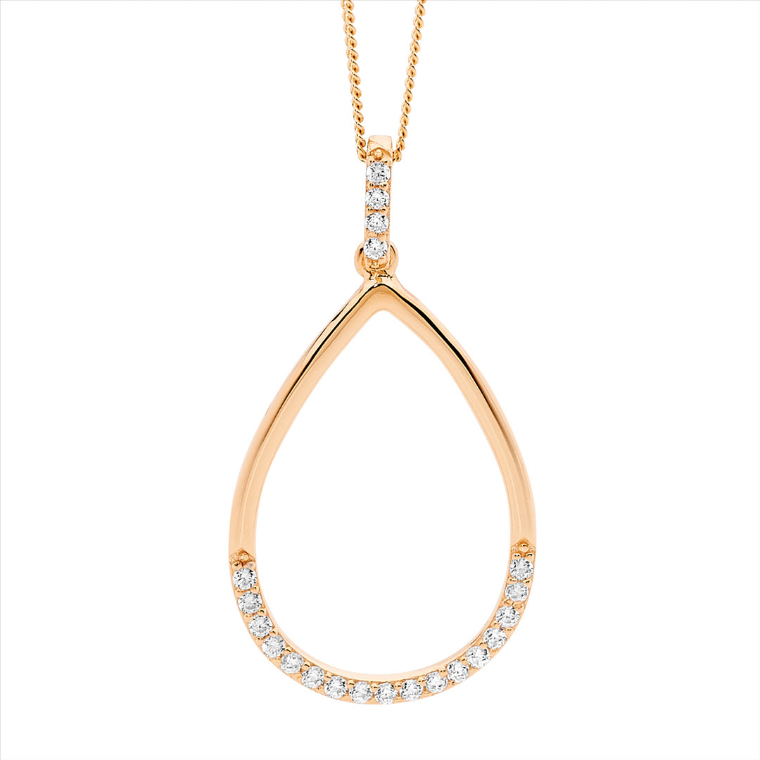Sterling Silver Rose Gold Plated CZ Open Tear Drop Pendant