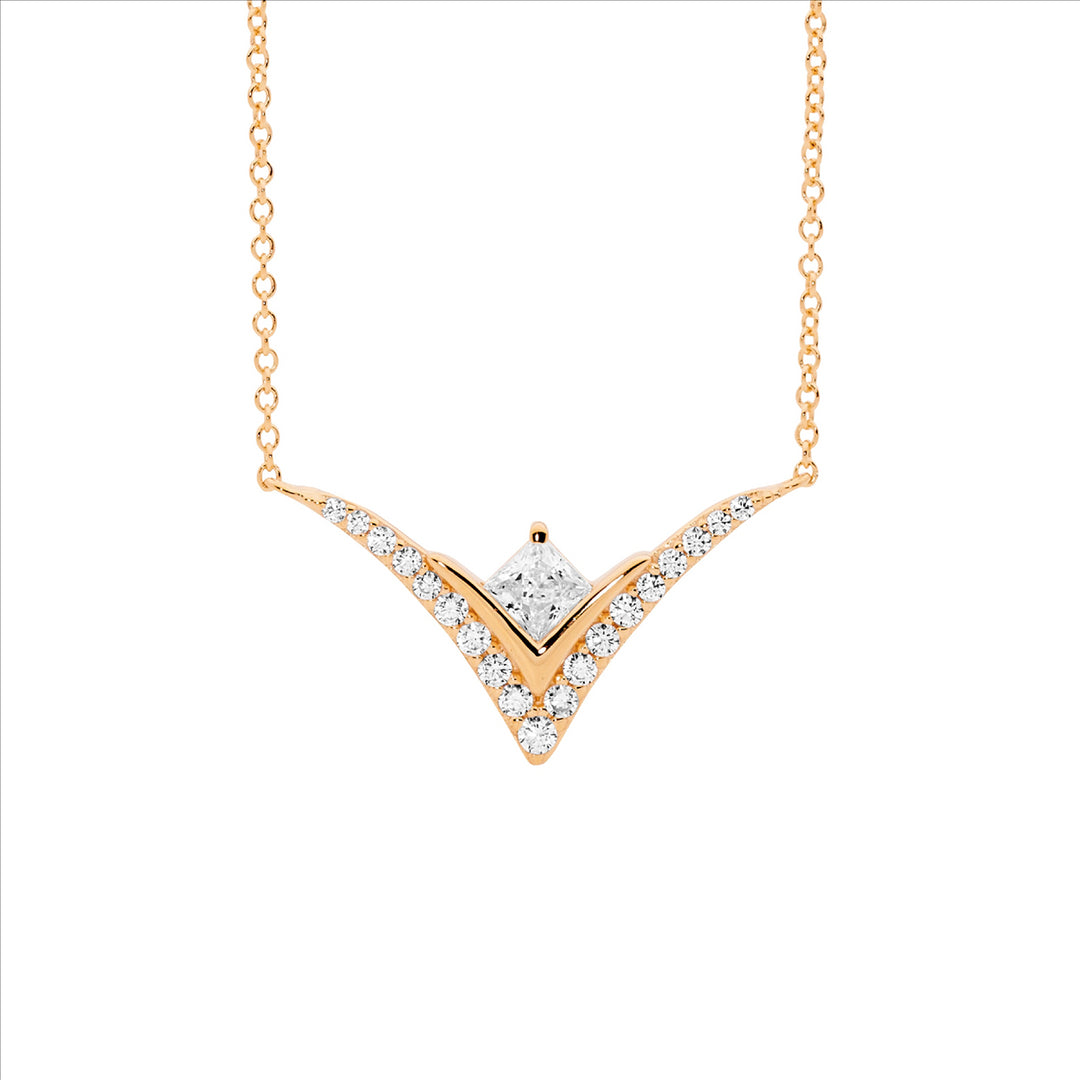 Sterling Silver Rose Gold Plated V Pendant with CZ on Attached Chain