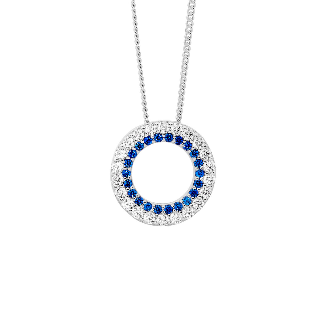 SS WH & dark blue cz 13mm dbl row open circle pendant