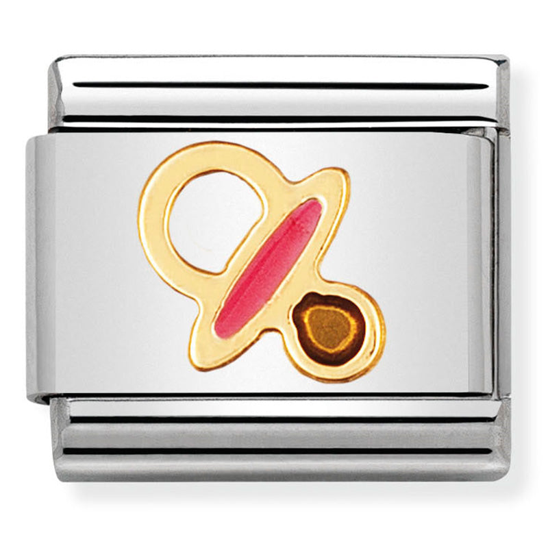 Nominaiton - Stainless Steel, Enamel & 18ct Gold Pink Pacifier