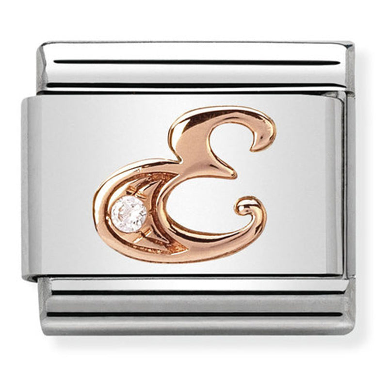 Nomination - classic letters st/steel, cz, 9ct rose gold (letter e)
