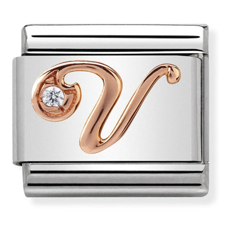 Nomination - Stainless Steel and 9ct Rose Gold Letter V with CZ