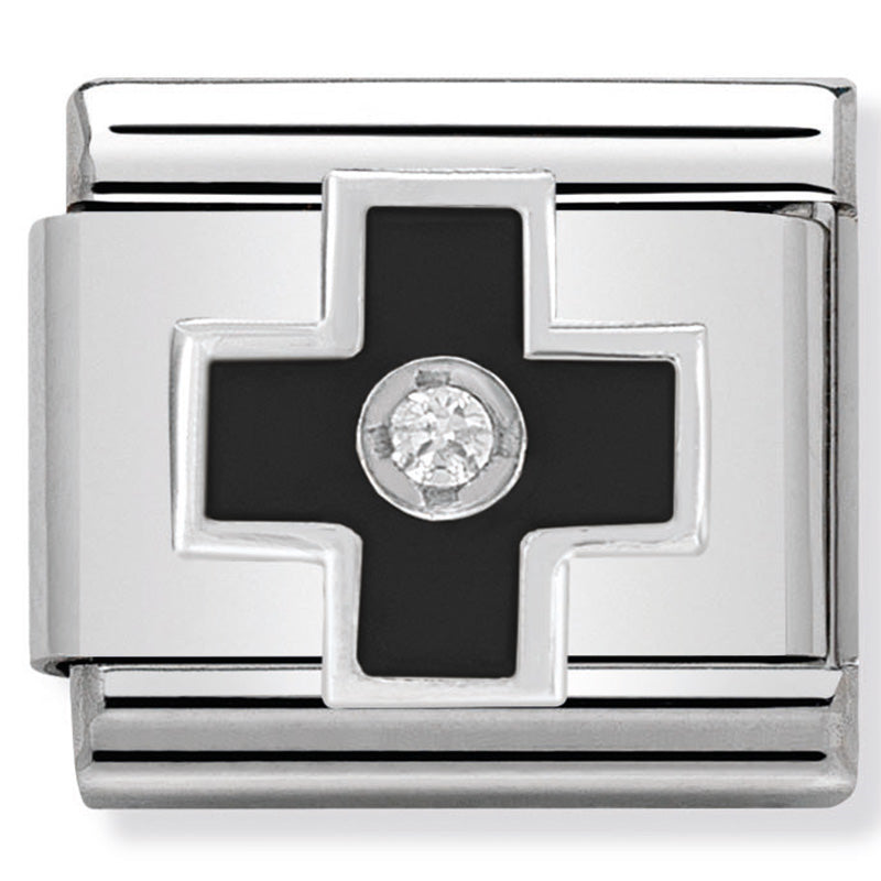 Nomination - classic symbols st/steel, enamel, cubic zirconia & silver 925 (black cross)
