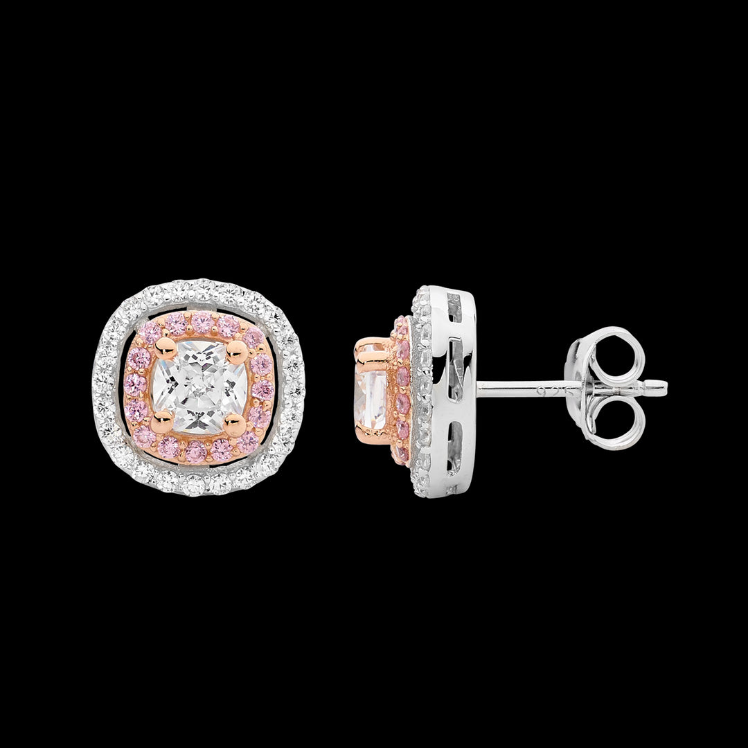 Earrings - Sterling silver white & pink Cubic zirconia double halo cushion cut stud earrings, Rose gold plating - rrp $149
