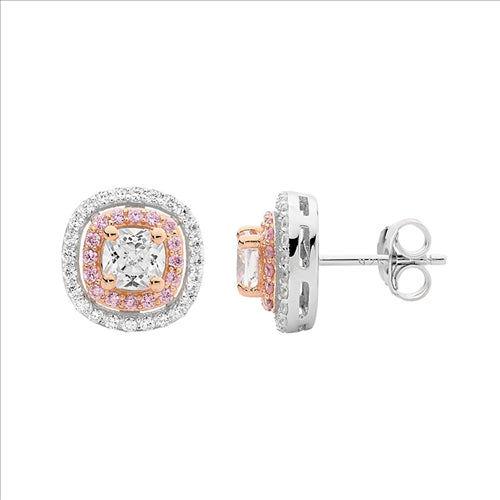 Earrings - Sterling silver white & pink Cubic zirconia double halo cushion cut stud earrings, Rose gold plating - rrp $149