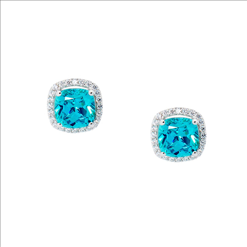 Earrings - Sterling silver mint cushion cut Cubic zirconia with white Cubic zirconia surround earrings