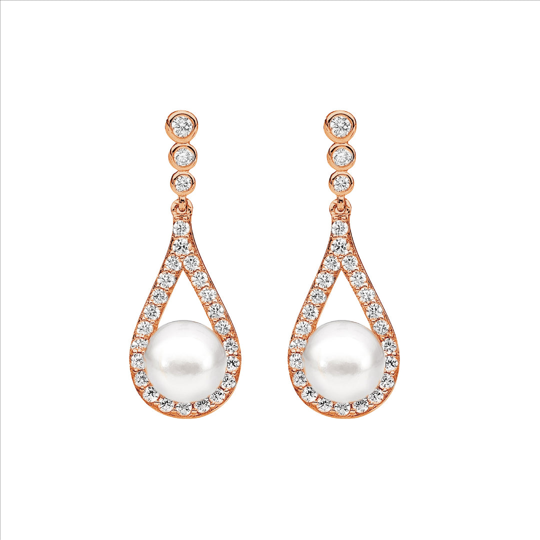 Earrings - Sterling silver white Cubic zirconia bezel stud, open tear drop, Freshwater Pearl earrings, Rose gold plating