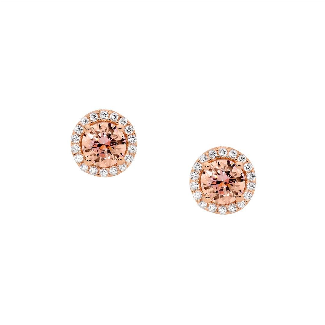 Sterling Silver, Rose Gold Plated Morganite and White CZ Studs