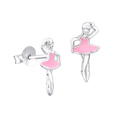 Sterling Silver Pink Enamel Ballerina Studs