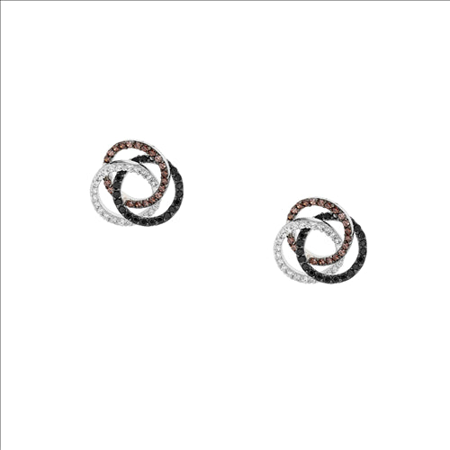Earrings - Sterling silver white/Brown Cubic zirconia triple linked circle earrings
