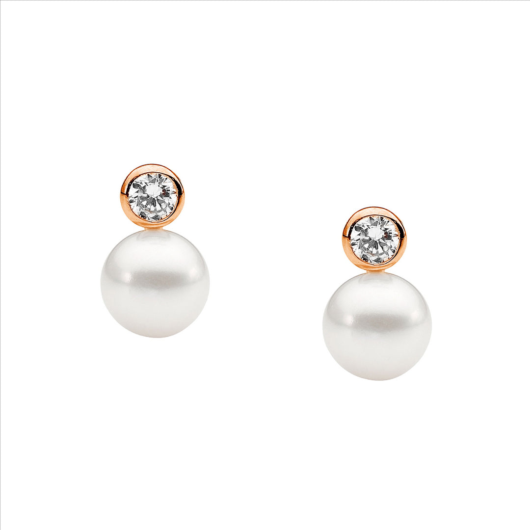 Sterling Silver, Rose Gold Plated Fresh Water Pearl with CZ Studs