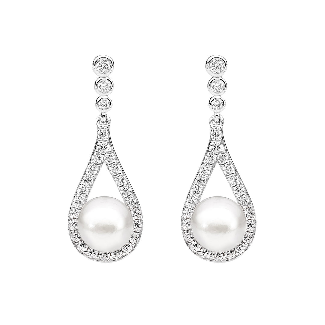 Sterling Silver Fresh Water Pearl and CZ Drop Earrings