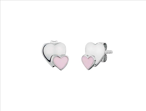 Sterling Silver and Pink Enamel Heart Studs
