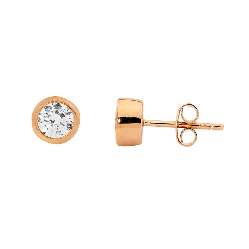 Sterling silver 5mm CZ Bezel Studs, Rose Gold Plating
