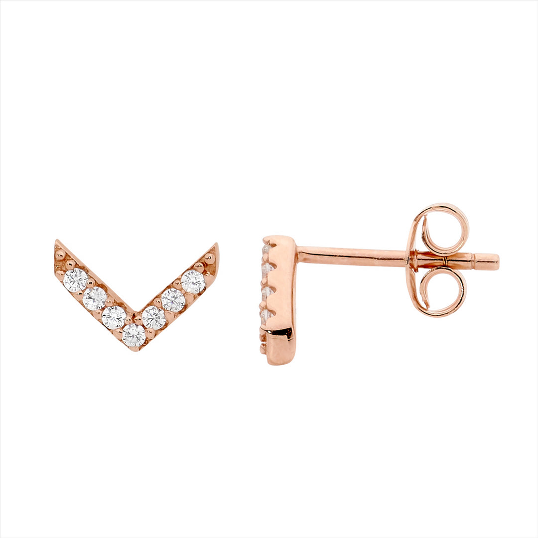 Sterling Silver, Rose Gold Plated V Stud with CZ