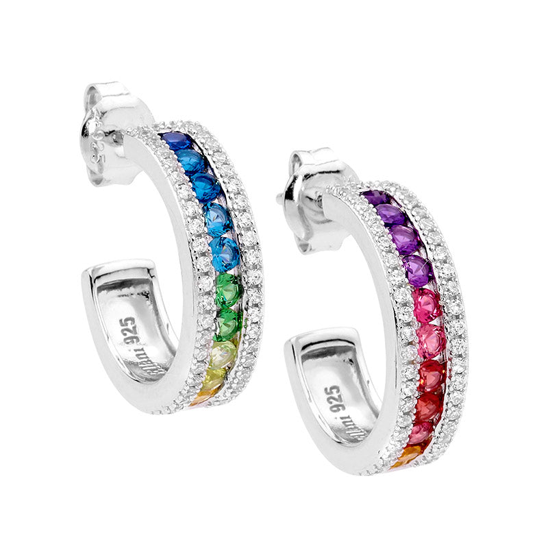 Sterling Silver 18mm Multi Colour CZ Channel Set Hoop Earrings