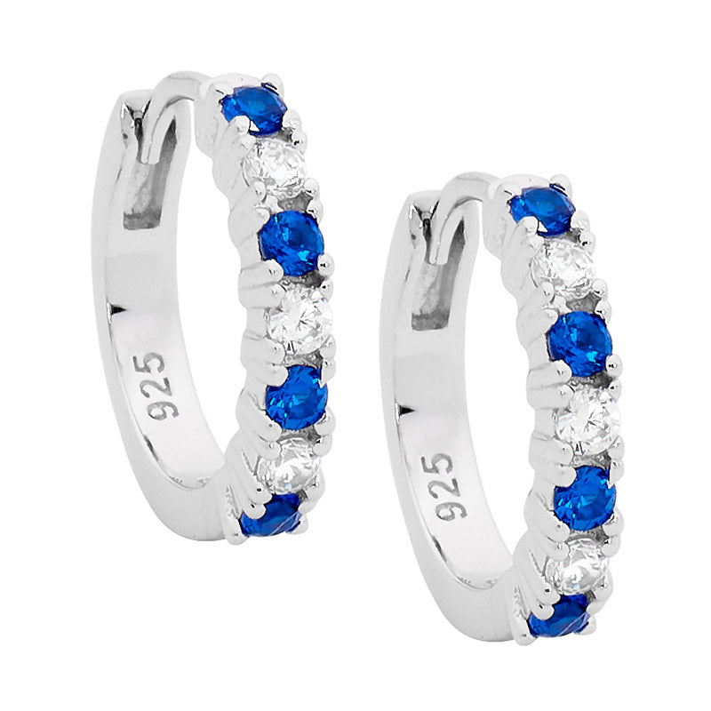 Sterling Silver 14mm White and Dark Blue CZ Hoop Earrings