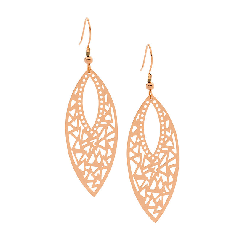 Stainless Steel Filigree Leaf Drop Earrings, Rose Gold IP Plating