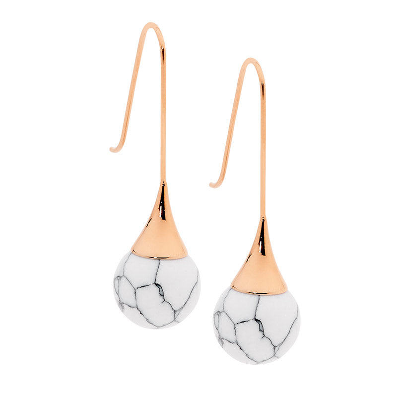 Stainless Steel Long Drop Earrings w/ Howlite Ball & Rose Gold IP Plating