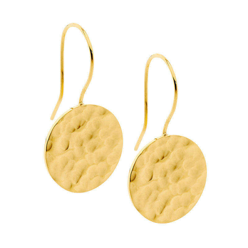 Stainless Steel Hammered Effect Circle Drop Earrings, Gold IP Plating