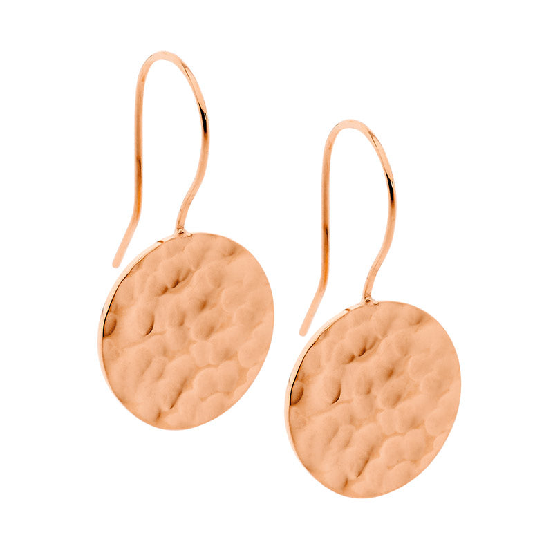 Stainless Steel, Rose Gold Plated, Circle Hammered Effect Drop Earrings