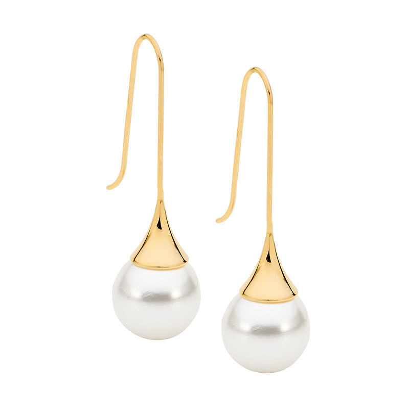 Stainless Steel Long Drop Earrings, Shell Pearl & Gold IP Plating