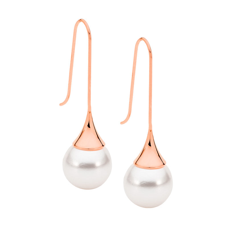 Stainless Steel, Rose Gold Plated Long Drop Earrings with Shell Pearl