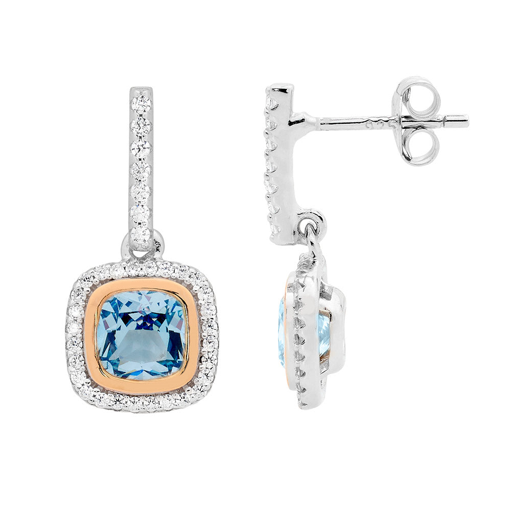 Sterling Silver blue spinel cushion cut, rose gold plating bezel, cz halo drop earrings