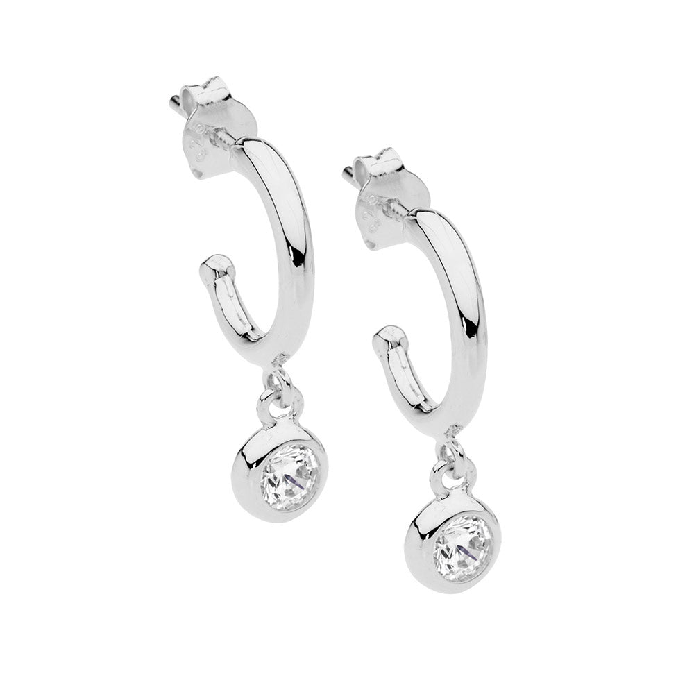 Stainless steel 13mm hoop earrings, cz bezel drop, rose gold plating