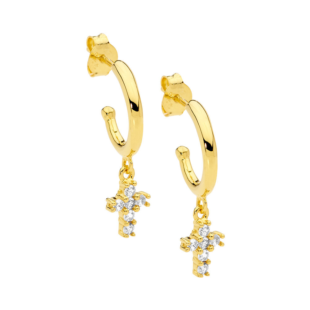 Stainless steel 13mm hoop earrings, cz cross drop, gold plating